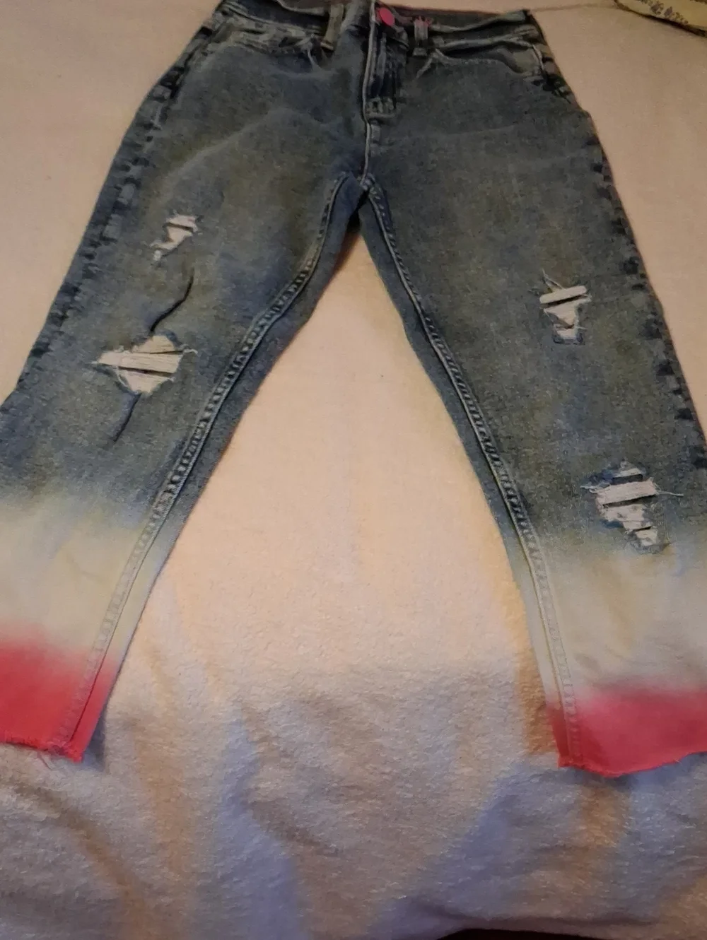 Distressed Blue Kids Jeans with Pink Dip-Dye Hem